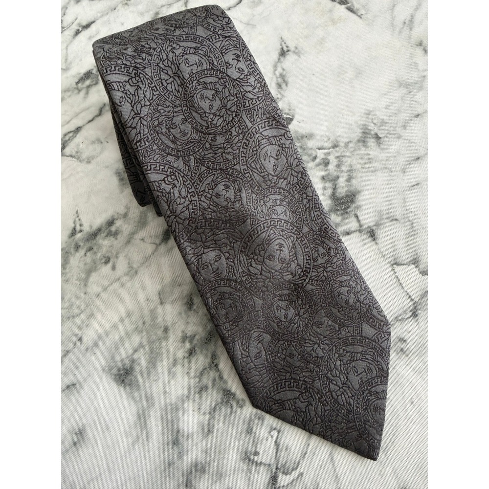 Gianni Versace Necktie Men OS Gray Medusa Head Greek Key Silk Luxury Formal